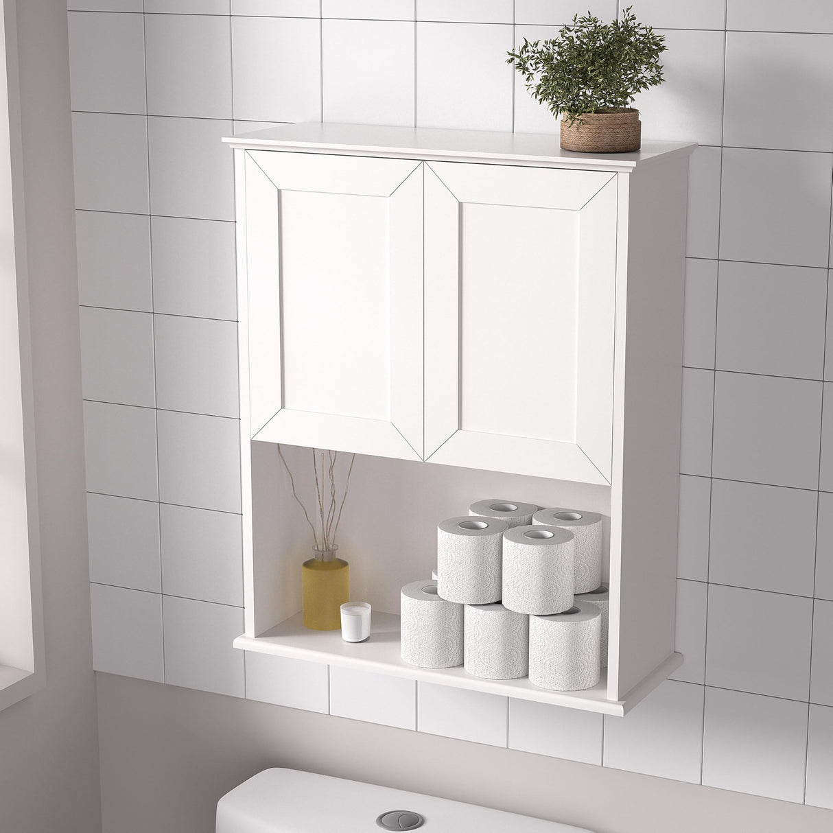 Bathroom Wall Cabinet Wooden with 2 Doors,Over the Toilet Storage Cabinet,Bathroom and Laundry Wall Mount Storage Medicine Cabinet with Open and Adjustable Shelf,Easy Assembly (Style A -1 PC, White) NewBeth