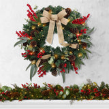 Christmas Lighted Wreath for Front Door, 28 Inches Pre-Lit 35 LED Lights, Natural Pine Cones Artificial Holiday Wreath for Indoor Outdoor Home Decorations BAYN