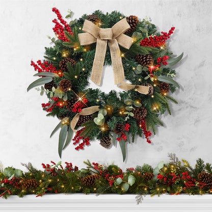 Christmas Lighted Wreath for Front Door, 28 Inches Pre-Lit 35 LED Lights, Natural Pine Cones Artificial Holiday Wreath for Indoor Outdoor Home Decorations