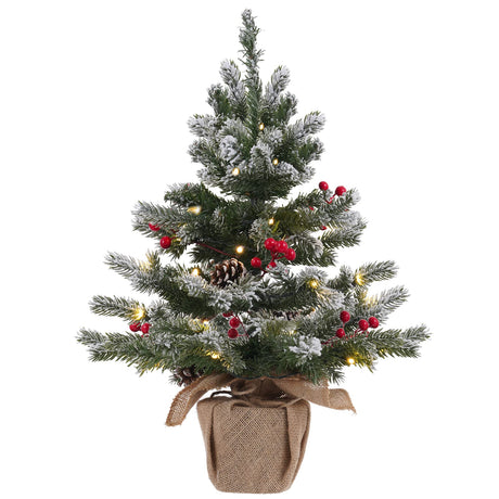 24 Inch 2 FT Pre-lit Snowy Mini Christmas Tree, DECSPAS Small Tabletop Flocked Christmas Tree with 20 LED Lights Red Berries Pine Cones and Cloth Bag Base Xmas Decorations for Holiday Party (Color A) DECSPAS