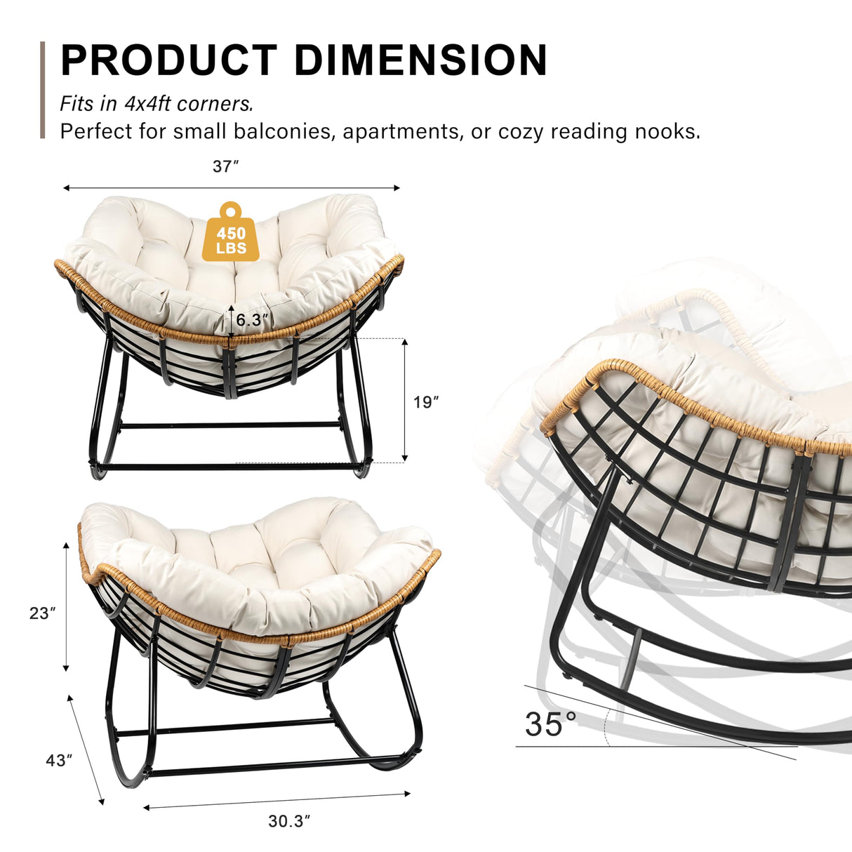 knocetx Rocking Egg Chair, Outdoor Rocking Chair with Thick Cushion, Modern Indoor Outdoor Papasan Rocking Chair, Lounge Rocker for Balcony, Living Room, Bedroom, Porch, Patio, Lawn, Garden (Ivory) knocetx