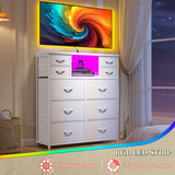 White Dresser for Bedroom with 10 Fabric Drawers,Organizer Unit with LED Light & Charging Station,Sturdy Chest of Drawers with 2 Open Shelves for Hallway,Living Room 11.8"D x 35.4"W x 39.4"H DurayLoly