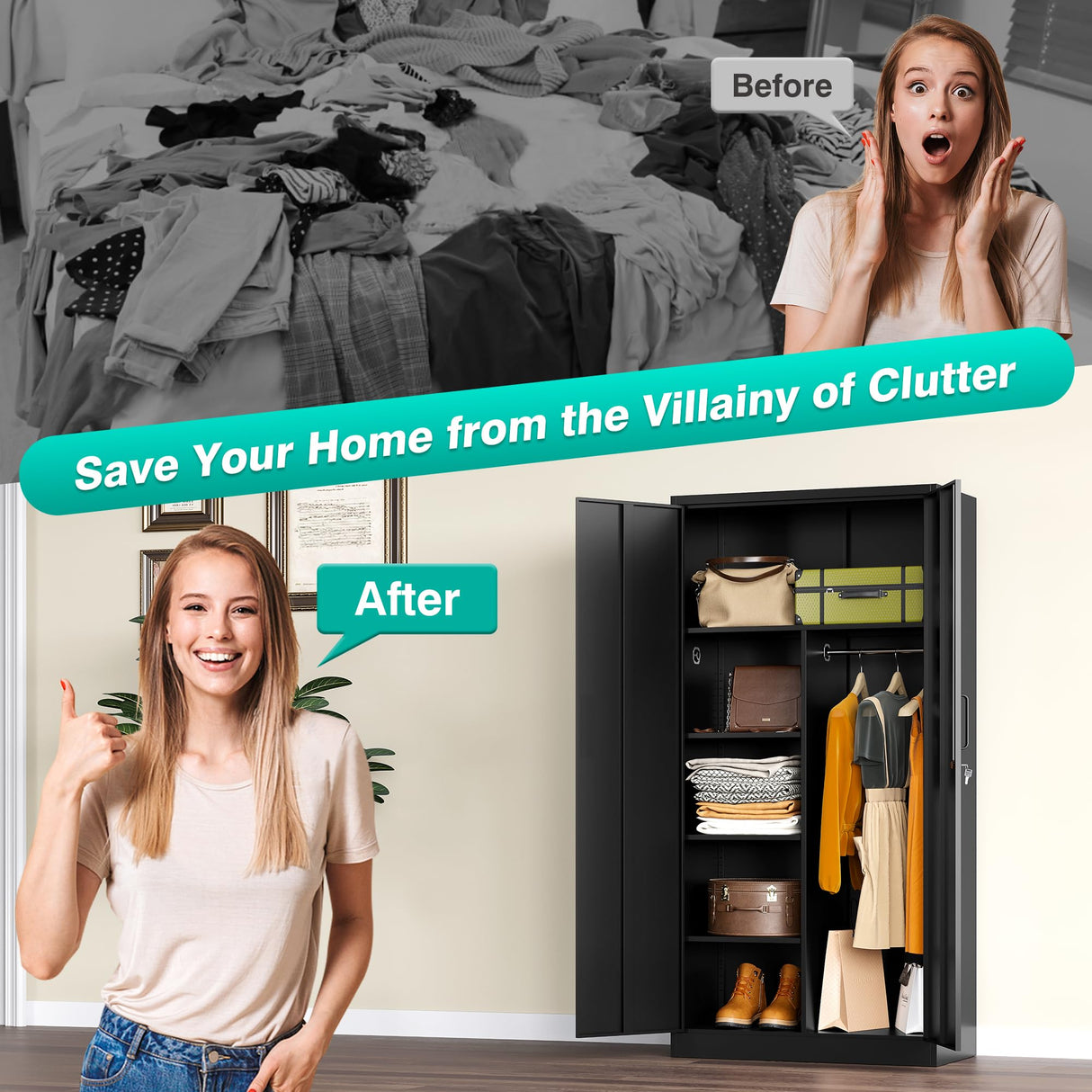 Metal Wardrobe Cabinet with Lock,72" Armoire Closet with Hanging Rod,Lockable Storage Locker,Black Storage Cabinet with Locking Doors,Garage Closet,Steel Wardrobe for Home,Bedroom,Office,Employee,Shop SISESOL