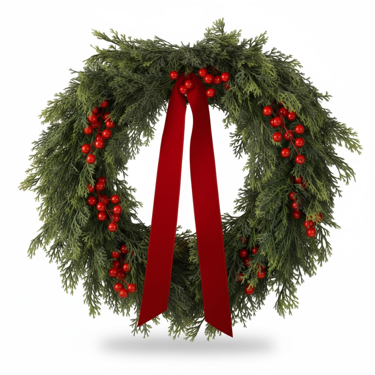Suncalla 24'' Artificial Cedar Wreath for Front Door Christmas Wreaths Faux Cedar Decorated with Berry and Ribbons Xmas Wreath for Indoor Window Wall Fireplace Holiday Decor Suncalla