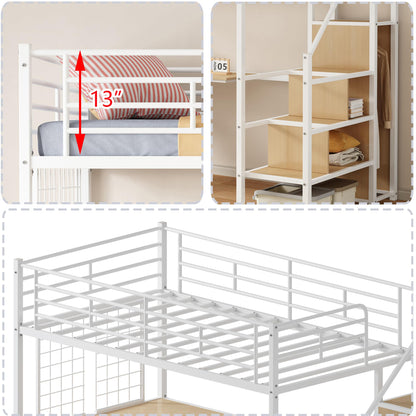 Twin Loft Bed with Desk and Storage Shelf, Metal Kids Loft Bed with Stairs, Wardrobe and Metal Grid, Twin Size Loft Bed for Kids, Girls, Boys, No Box Spring Needed, White Loft Bed Twin Size