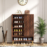 Tribesigns Walnut Shoe Cabinet with Doors, 6-Tier 24 Pairs Shoe Storage Cabinet for Entryway, Wooden Entryway Shoe Cabinet with Adjustable Shelves for Living Room, Bedroom (Walnut, Gold Legs) Tribesigns
