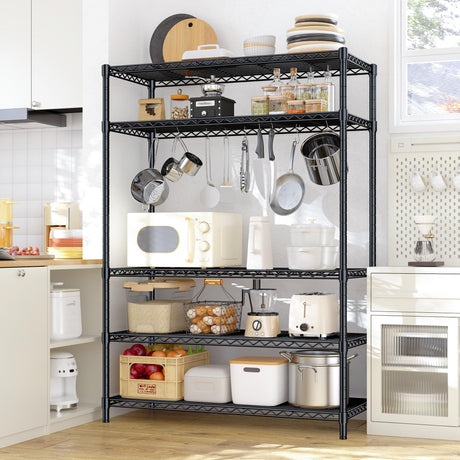 5 Tier Storage Shelves 71" H Wire Shelving Adjustable Metal Shelving,1000LBS Pantry Shelves Sturdy Steel Wire Shelf for Kitchen Commercial Pantry Garage Warehouse,71" H X35.5 W X13.8 D, Black Romorgniz