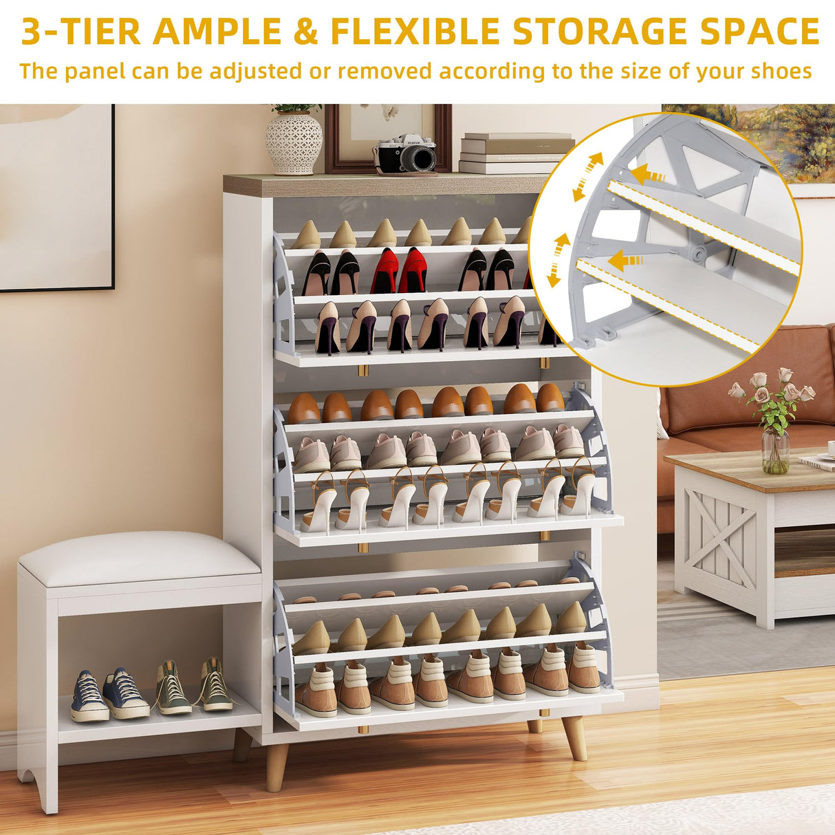 DWVO Shoe Cabinet with Bench for Entryway, Modern Shoe Storage Cabinet Shoe Bench, Narrow Hidden Shoe Organizer with 3 Flip Drawer, for Hallway, Closet, Living Room, White DWVO