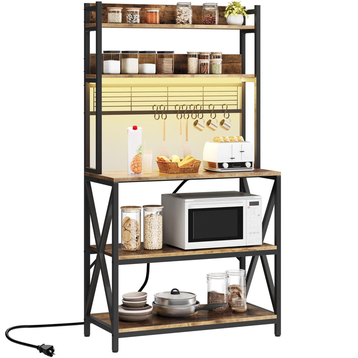 Yaheetech Kitchen Bakers Rack with Power Outlet & LED Lights, 5 Tiers Coffee Bar Table with 8 S Hooks, 64 Inches Tall Microwave Oven Stand with Storage for Spices, Pots, Rustic Brown Yaheetech