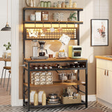 Itaar Bakers Rack with Power Outlet, 6-Tier Coffee Bar, Microwave Stand with Wine Rack, LED Lights and 10 Hooks, Bakers Racks for Kitchens with Storage, Rustic Brown Itaar