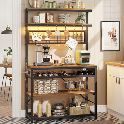 Itaar Bakers Rack with Power Outlet, 6-Tier Coffee Bar, Microwave Stand with Wine Rack, LED Lights and 10 Hooks, Bakers Racks for Kitchens with Storage, Rustic Brown