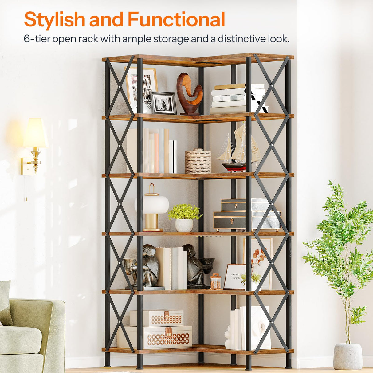 HOOBRO Corner Bookshelf, 6-Tier L-Shaped Bookcase, Industrial Open Display Shelf Tall Storage Organizer, Vertical Storage Rack, for Living Room, Home Office, Rustic Brown and Black BF61SJ01 HOOBRO