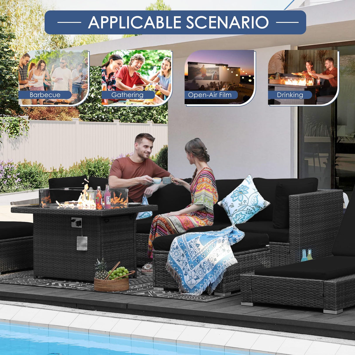 NICESOUL 9 Piece Extra Large Outdoor Patio Furniture Conversation Set with Fire Pit Natural Gas/Propane, 29.3'' High Back Modular Deep Seat Sectional Sofa Set for Outside, 2 Color Cushion Black&Gray NICESOUL