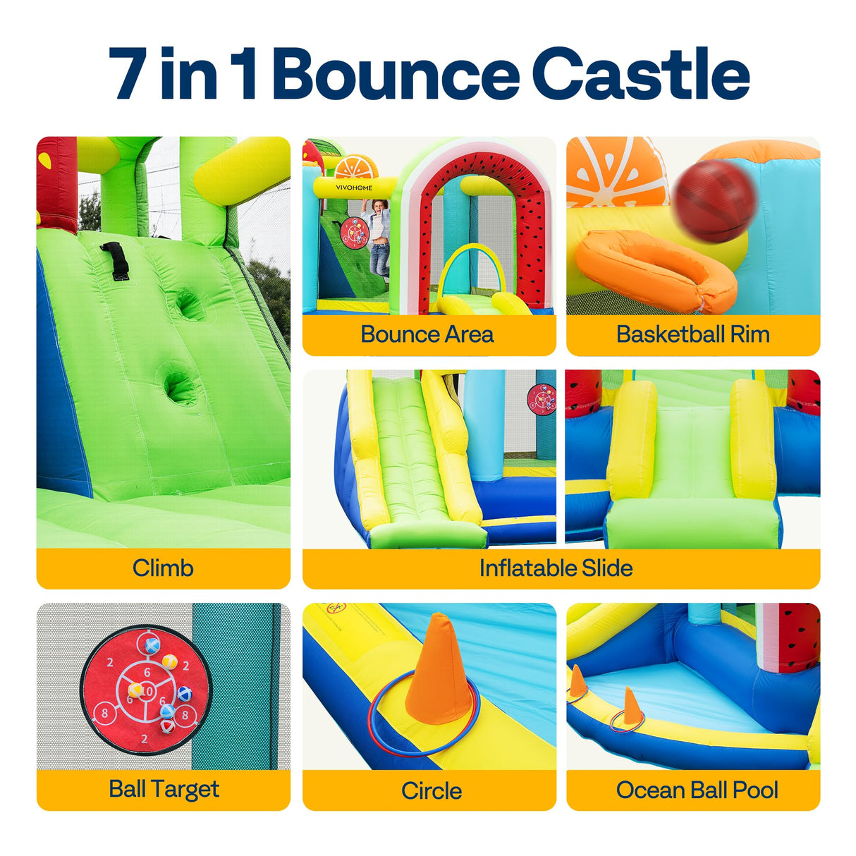 VIVOHOME 7 in 1 Bounce House for Kids, Fruit Theme Inflatable Bouncy Castle with Slide, 12x12 FT Inflated Bouncer for Outdoor with Blower, Basketball, Climb, Jump Area, Ball, Water Pool, Hoop VIVOHOME