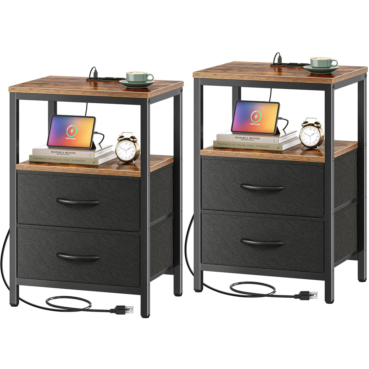 Huuger Nightstands Set of 2, End Tables with Charging Station, Side Tables with Fabric Drawers, Bedside Tables with USB Ports and Outlets, Night Stands for Bedroom, Rustic Brown and Black Huuger