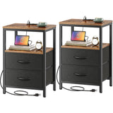 Huuger Nightstands Set of 2, End Tables with Charging Station, Side Tables with Fabric Drawers, Bedside Tables with USB Ports and Outlets, Night Stands for Bedroom, Rustic Brown and Black Huuger