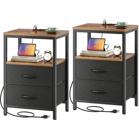 Huuger Nightstands Set of 2, End Tables with Charging Station, Side Tables with Fabric Drawers, Bedside Tables with USB Ports and Outlets, Night Stands for Bedroom, Rustic Brown and Black Huuger