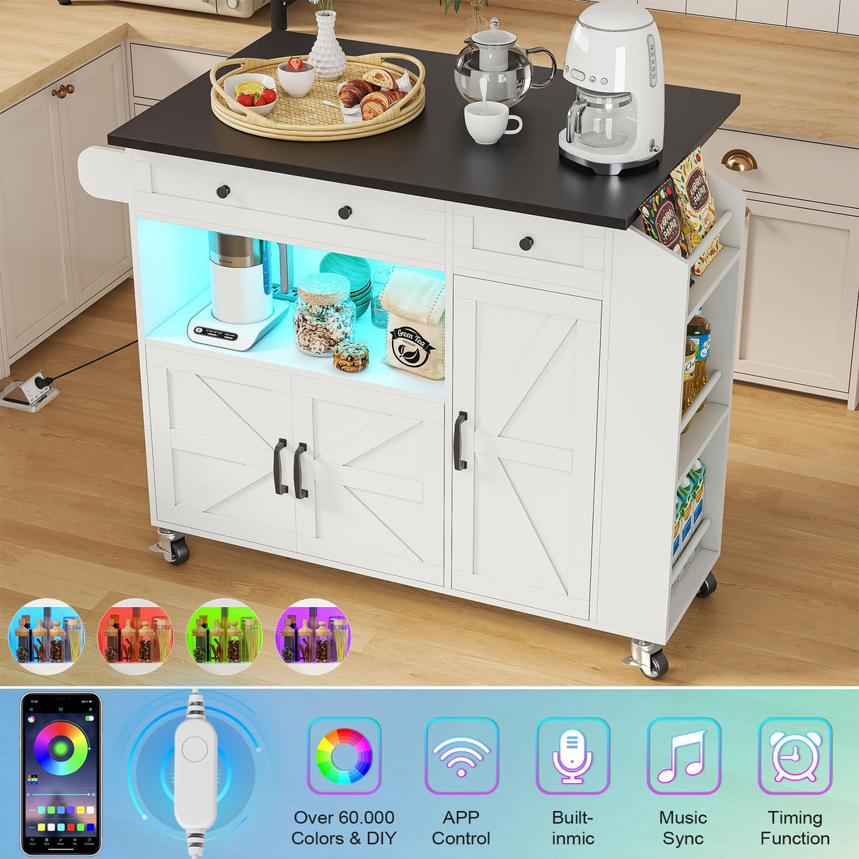 Kitchen Island with Drop Leaf, Rolling kitchen island with power outlet and Led Light, Kitchen Island with Storage Cabinet, Spice Rack, Drawer, Towel Rack, kitchen island on wheels for Dinning Room Aufvolr