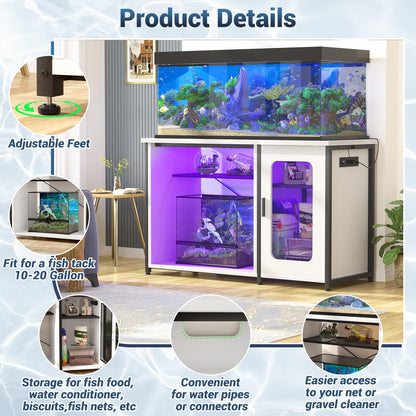 Unikito 55-75 Gallon Aquarium Stand with Power Outlets & LED Light, Reversible Fish Tank Stand with Cabinet for Fish Tank Accessories Storage, Heavy Duty Metal Frame, 880LBS Capacity, White