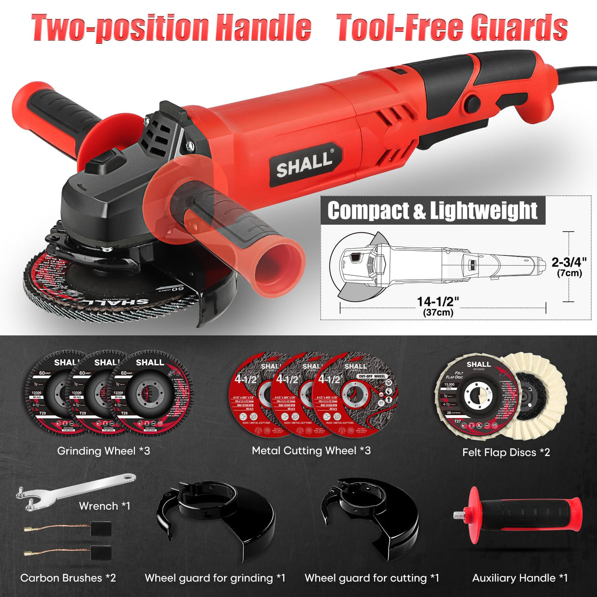 SHALL Angle Grinder Tool 7.5Amp 4-1/2 Inch, 6-Variable-Speed Grinders Power Tools, Electric Metal Grinder 12000 RPM w/ 2 Safety Guards, Cutting Wheels, Flap Discs, Non-Slip Handle for Metal/Wood SHALL