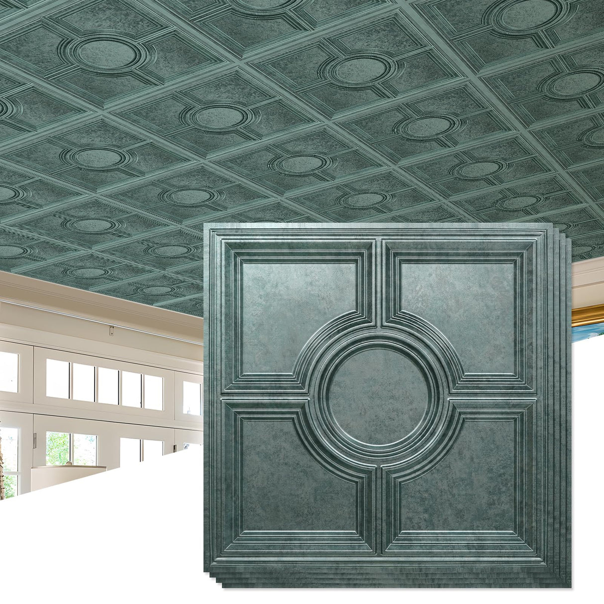 STICKGOO PVC Ceiling Tiles 24 x 24in, Antique Green Bronze Decorative Drop Ceiling Tiles,12-Pack Cover 48 Sq. Ft STICKGOO