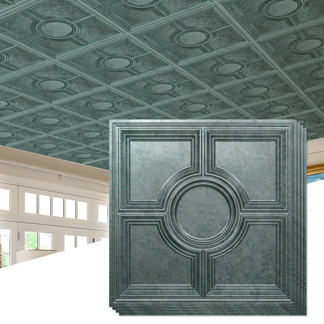 STICKGOO PVC Ceiling Tiles 24 x 24in, Antique Green Bronze Decorative Drop Ceiling Tiles,12-Pack Cover 48 Sq. Ft STICKGOO