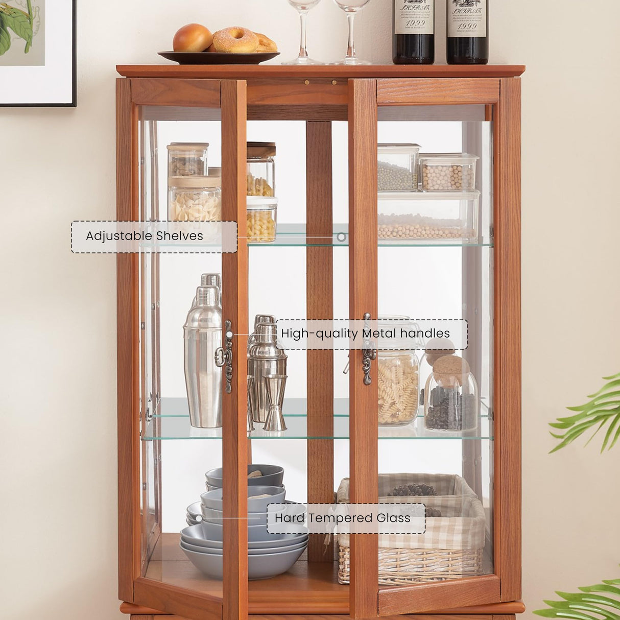 CKEASEAN Lighted Curio Cabinet, 52" H Glass Display Cabinet with Adjustable Shelves, China Cabinet with Tempered Glass Doors for Living Room, Light Blub Included (Dark Oak) CKEASEAN