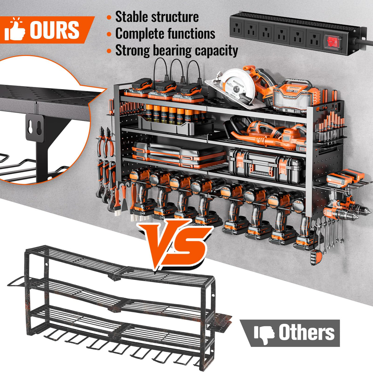 Heavy Duty Power Tool Organizer Wall Mount with Charging Station, Large Garage Organization with 10 cordless Drill Holder, 4 Layers Tool Organizers and Storage, Tool Rack with 6 Power Strip, Black Shomextol