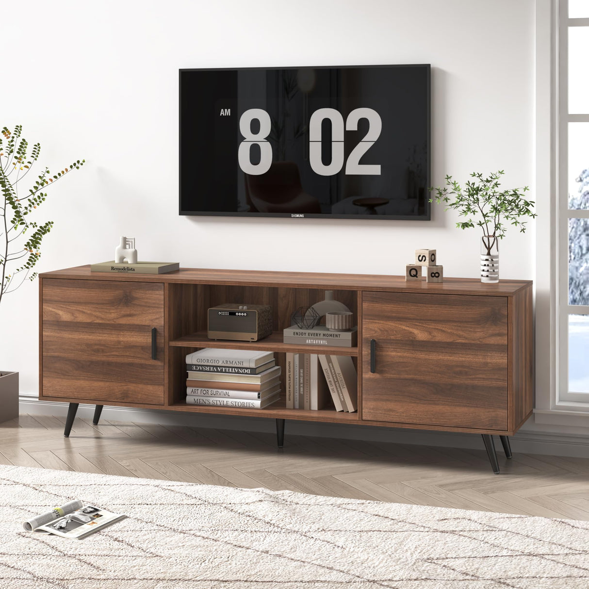 AUXSOUL 70 Inch Mid Century Modern TV Stand for 75 Inch TV, Wood TV Stand with Storage, Entertainment Center for Living Room Bedroom, TV Media Console, Walnut AUXSOUL