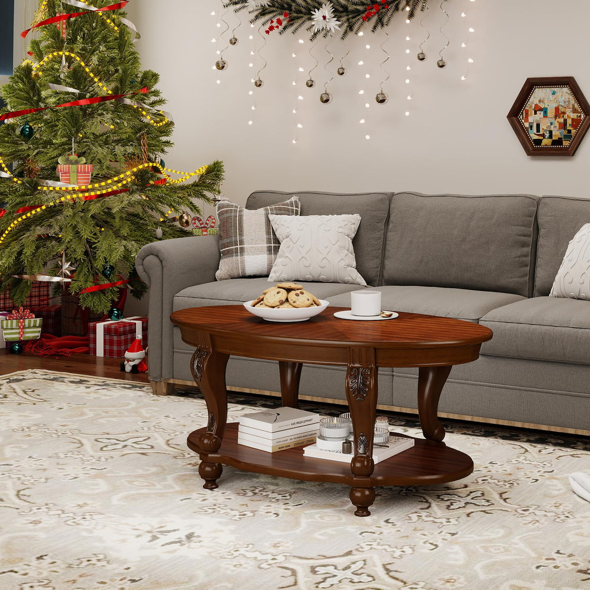 LKTART Oval Wood Coffee Tables for Living Room, Vintage Round Coffee Table with Carved Wood Legs, Tradition Elegant Center Table (Cherry, 42 Inch) LKTART