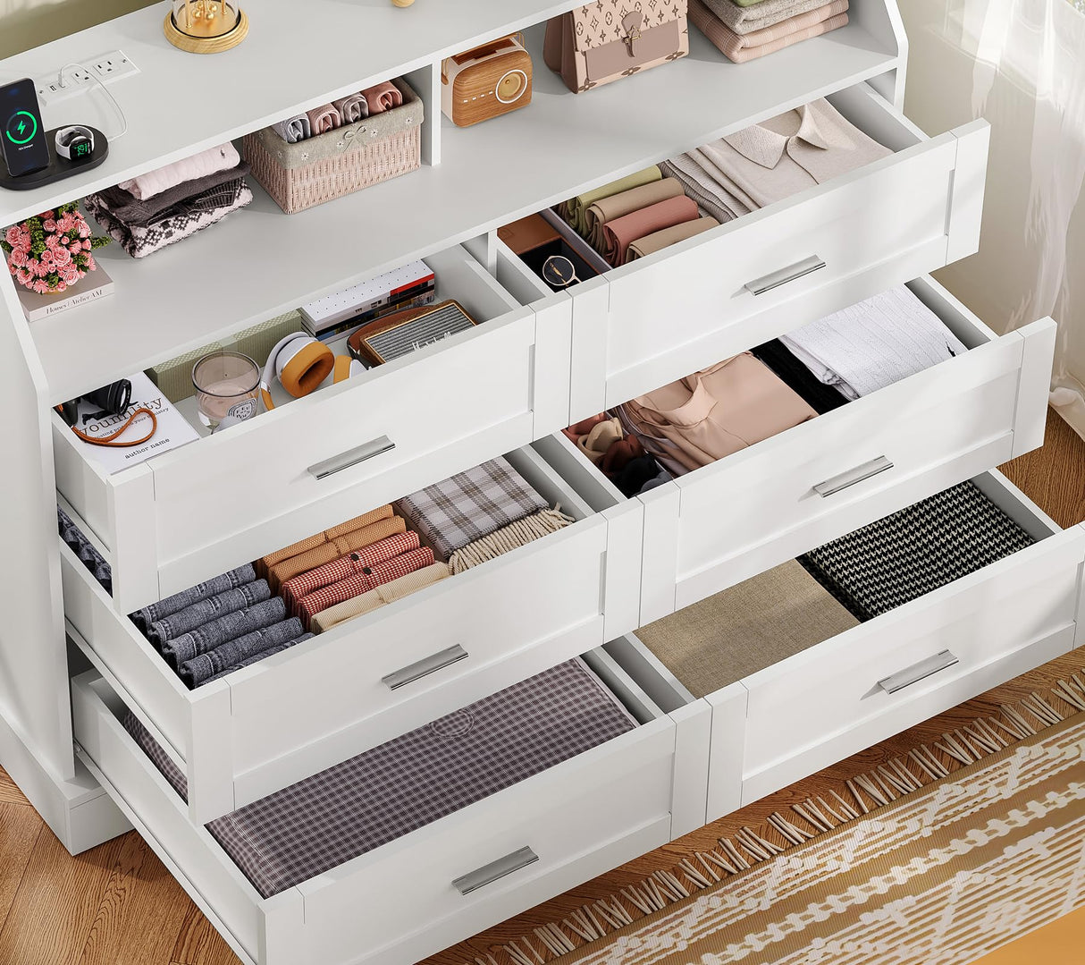 TEENFON 46.5'' Wide White Dresser for Bedroom, 6 Drawer Dresser with Charging Station & LED Lights, Closet Organizer for Bedroom, White TEENFON