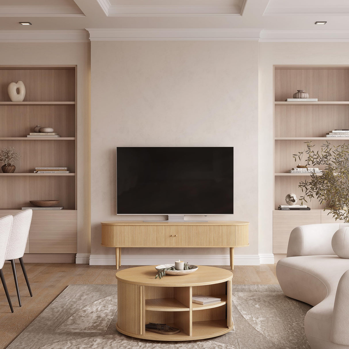 WERMO 35'' Round Coffee Table with Storage and Shelves - Round Center Table for Living Room and Office. Wood Mid Century Modern Coffee Tables for Living Room (Oak) WERMO