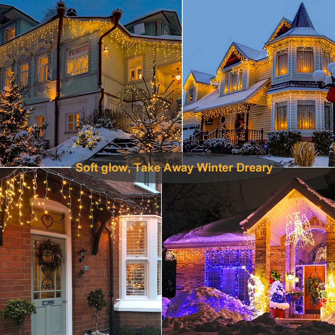 Warm White Christmas Lights Outdoor, 66ft 640 LED Icicle Lights for Outside House with Connectable Clear Wire 8 Modes Timer, Plug in Waterproof for Home Holiday Eaves Yard Party Room Indoor Decoration Nielfoi