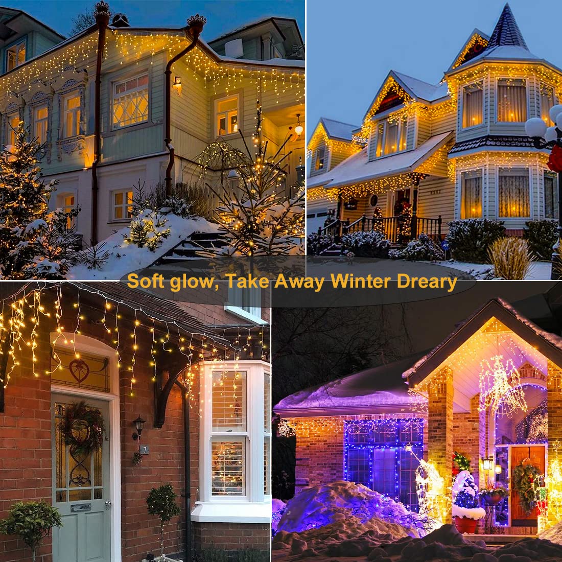 Warm White Christmas Lights Outdoor, 66ft 640 LED Icicle Lights for Outside House with Connectable Clear Wire 8 Modes Timer, Plug in Waterproof for Home Holiday Eaves Yard Party Room Indoor Decoration