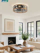 LEDIARY Caged Ceiling Fans with Lights, Farmhouse Flush Mount Ceiling Fan with Remote, Black&Walnut Low Profile Ceiling Fan Light Fixture for Bedroom, Kitchen, Dining Room. LEDIARY