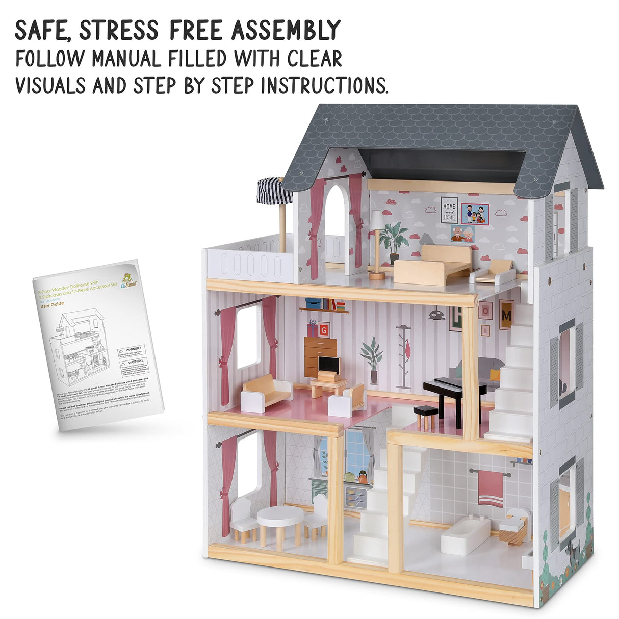 Lil' Jumbl Jumbl Kids Wooden Dollhouse, 17-Piece Accessories & Furniture are Included, with Balcony & Stairs, 3 Story Easy to Assemble Doll House Toy Lil' Jumbl