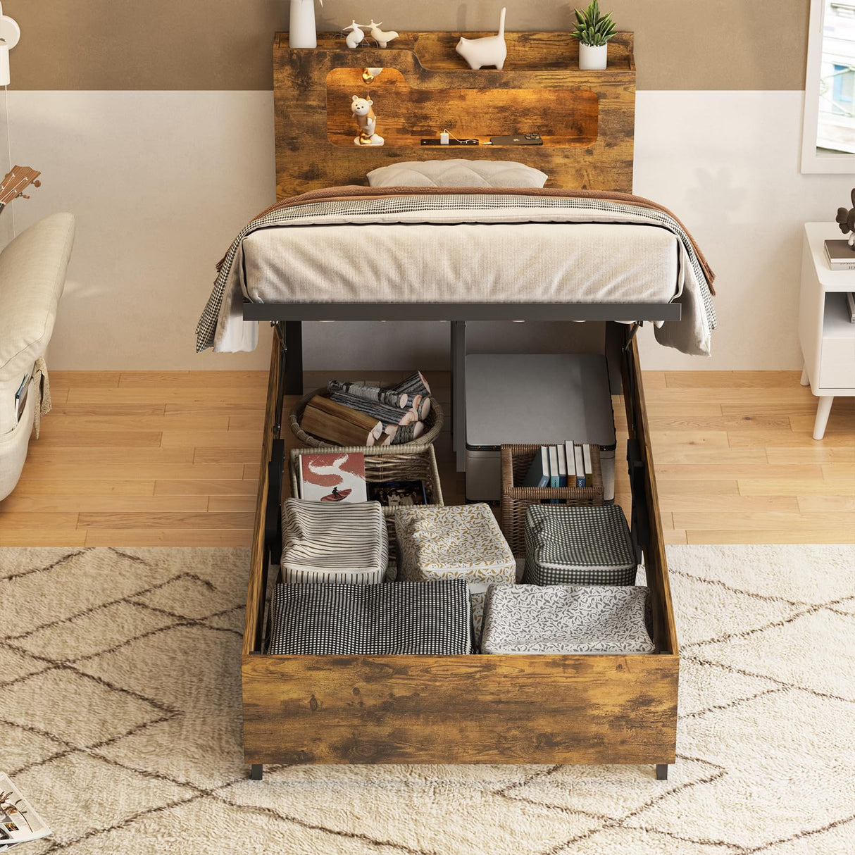 Fameill Twin Size Lift Up Storage Bed Frame, 2-Tier Headboard Wooden Platform Bed Frame with Lifting Storage & Charging Station, No Spring Box Needed/Noise Free Fameill