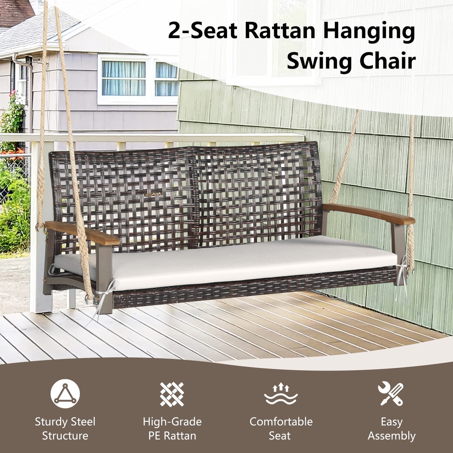 RELAX4LIFE 2-Seater Outdoor Porch Swing - PE Wicker Porch Loveseat Swing with 118” Hanging Ropes, Comfortable Cushion & Acacia Wood Armrests, Hanging Swing Bench for Porch, Garden, Yard (Off  - WoodArtSupply