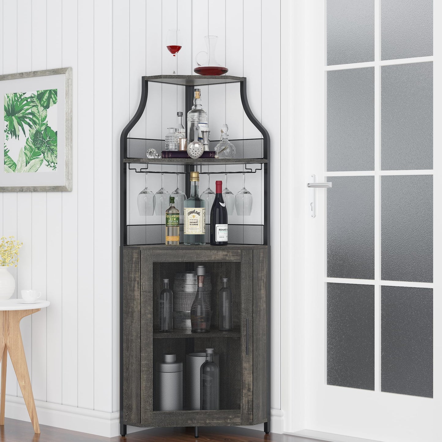 Corner Bar Storage Cabinet, Tall Wine Bar Cabinet with Removable Wine Rack & Barn Door & Adjustable Shelf, Home Bar Cabinet Corner Display Cabinet for Dining Room, Living Room, Kitchen (Dark Wood)