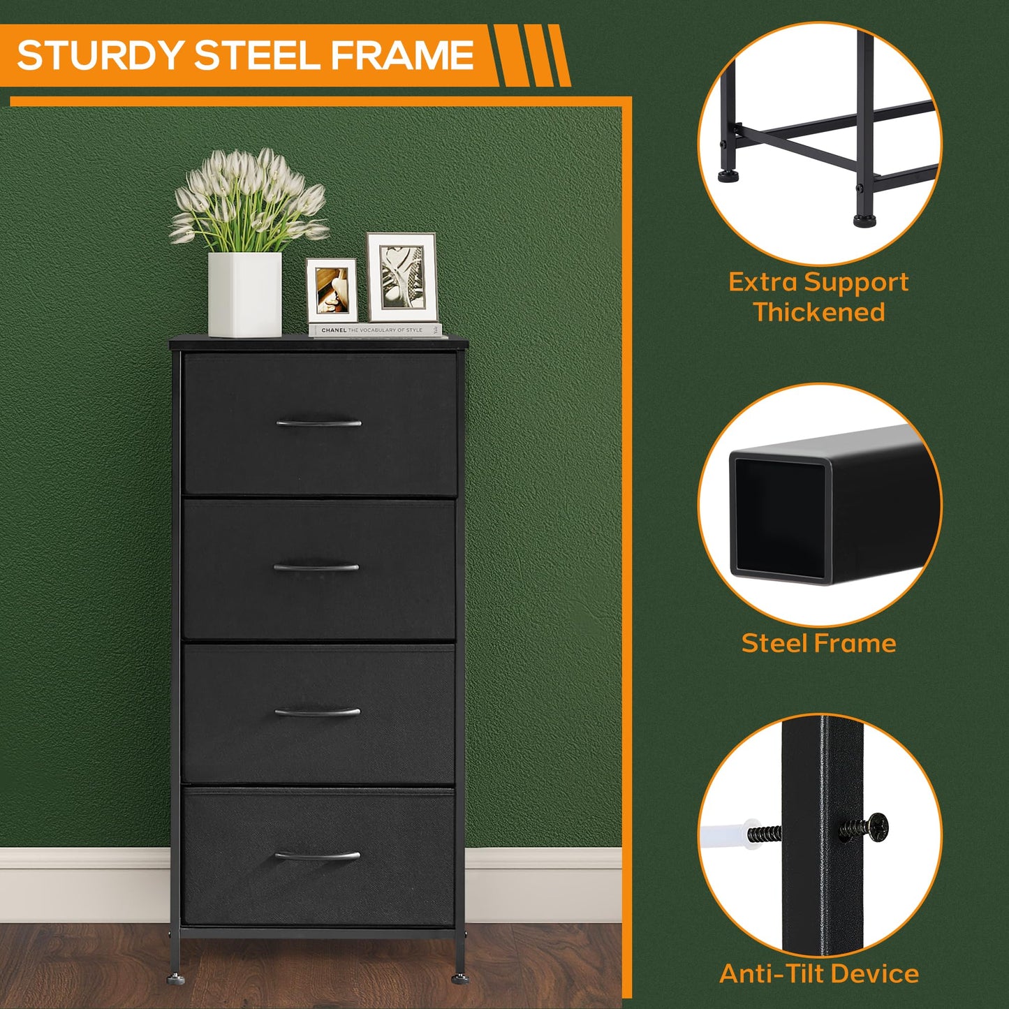 DUMOS Dresser for Bedroom 4 Storage, Tall Fabric Closet Chests Organizer Tower Furniture with Wooden Top Metal Frame for Clothes, Kids, Living Room, Hallway, Entryway, 4-Drawer, Black - WoodArtSupply