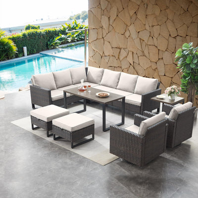 HUMMUH 8 Piece Patio Furniture Set PE Wicker Outdoor Sectional Sofa and Patio Swivel Chairs Outdoor Dining Table Ottomans for Porch,Garden,Backyard,Deck(Brown/Beige)