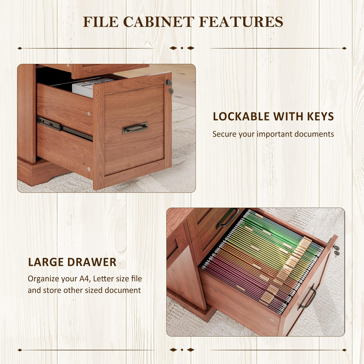 Whalefall 55'' Farmhouse Desk Home Office with Drawers, Executive Computer Desk Wooden with File Cabinet and Charging Station, Cerry Brown Whalefall