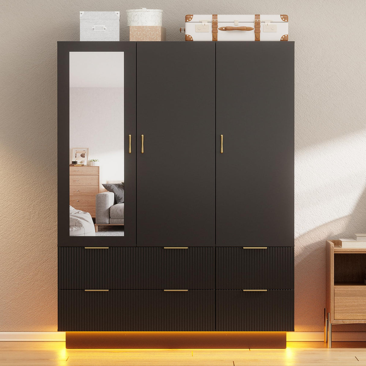 PAKASEPT Large Wardrobe Closet, Armoire Closet with Door and Mirror, LED Lights, Hanging Rod, Drawers, Armoires and Wardrobes for Bedroom (Black) PAKASEPT