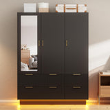 PAKASEPT Large Wardrobe Closet, Armoire Closet with Door and Mirror, LED Lights, Hanging Rod, Drawers, Armoires and Wardrobes for Bedroom (Black) PAKASEPT