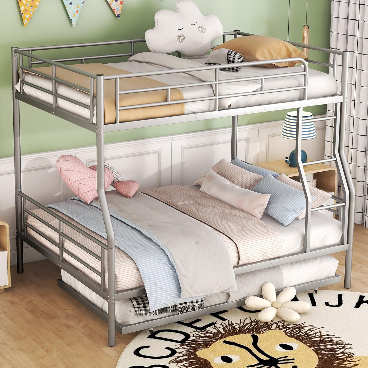 Harper & Bright Designs Full XL Over Queen Metal Bunk Bed with Trundle, Ladder & High Guardrail, Able to Split, Noise Free, Heavy-Duty Steel Loft Bed Frame with Safety Rail for Bedroom, Dorm (Silver) Harper & Bright Designs