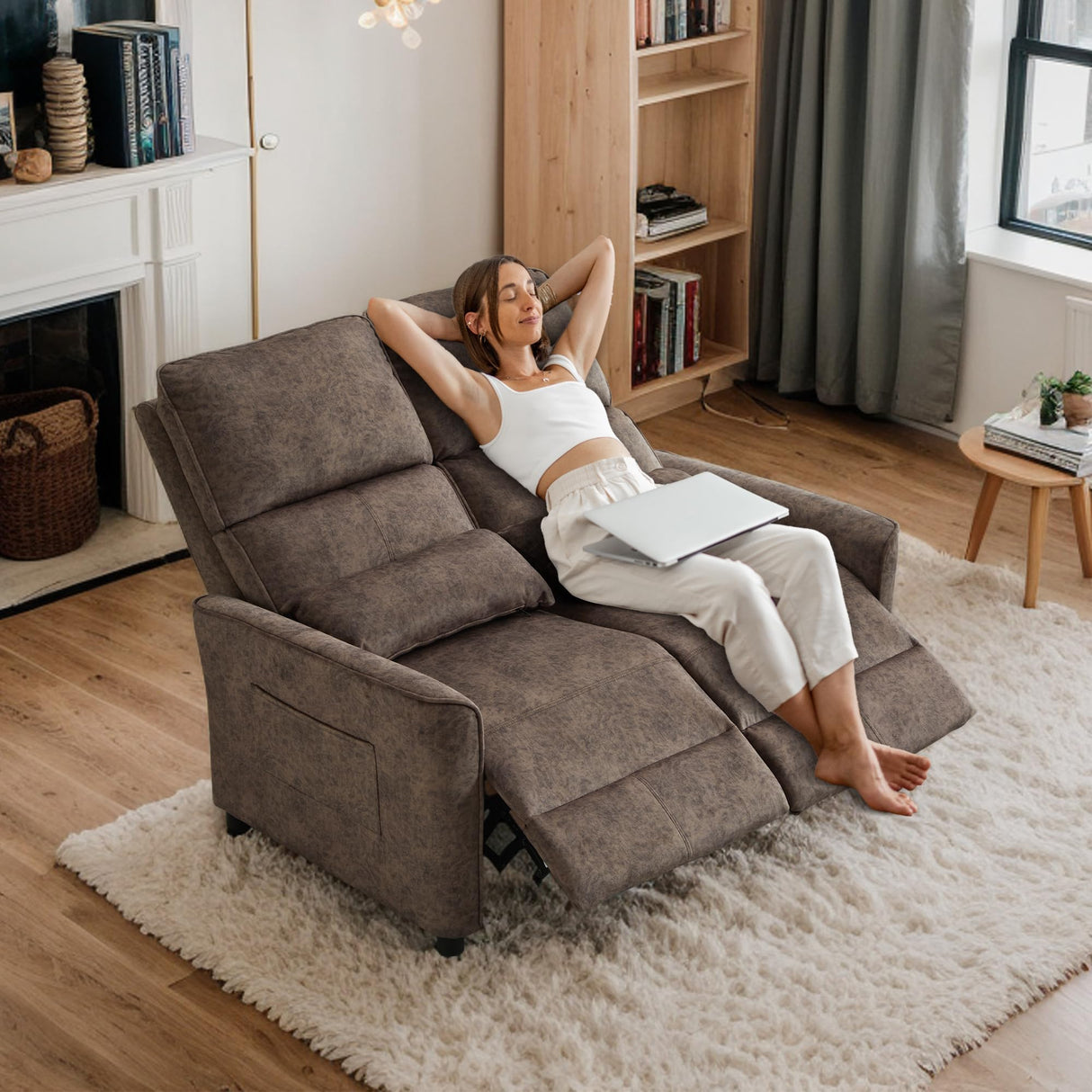 DRMBOOK 52'' RV Loveseat Recliner Sofa, Velvet Fabric Double Camper Couch 2 Seater Recliner, Home Movie Theater Seating Chair, 2 Person Push Back Recliners for Living Room, Brown DRMBOOK