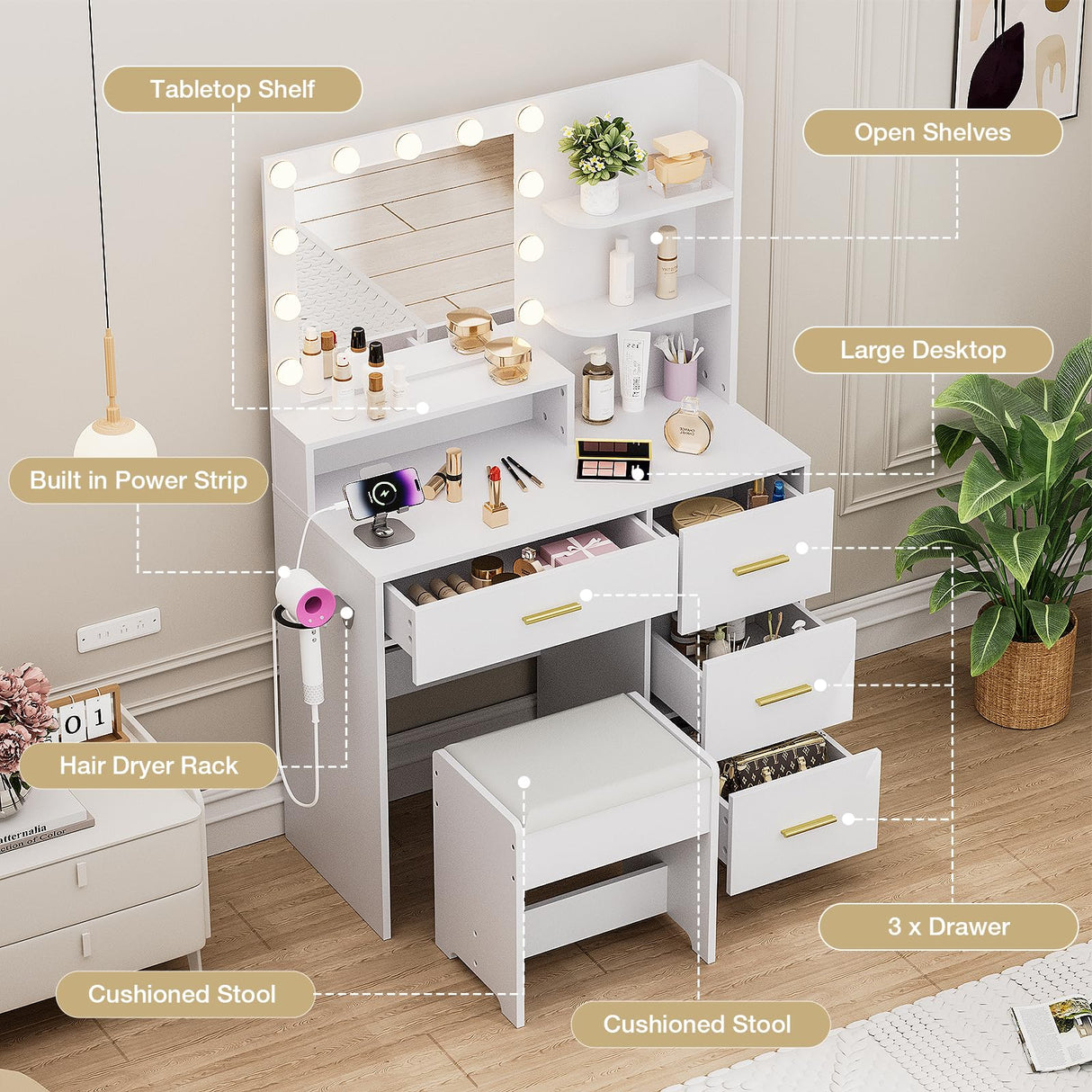 Alaxgumrol Makeup Vanity with Lights & Mirror, Vanity Desk with Power Outlet, White Vanity Set with 2 Drawers, Dressing Table with Adjustable 3 Lighting Color (White, Right Drawer) Alaxgumrol