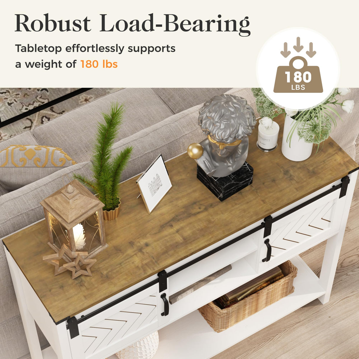 RoyalCraft Farmhouse Entryway Table with Storage, 46" Console Table with Sliding Barn Door, Wood Rustic Sofa Table with Adjustable Shelf for Hallway, RoyalCraft