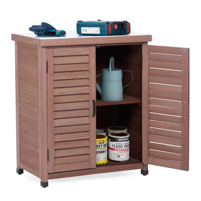 Outdoor Potting Bench with Storage Cabinet and Metal Top, Wood Workstation for Outdoor Patio, Garden (Dark Brown, 31x17x36‘’)