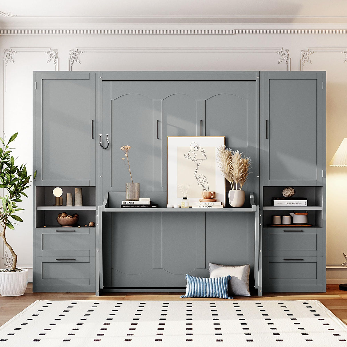 Merax Full Size Murphy Bed with Desk, Space-Saving Wall Bed Frame with Closet, Drawers and Shelves, Multifunctional Foldable Platform Bed for Small Spaces Studio Study Office Guest Room, Gray Merax